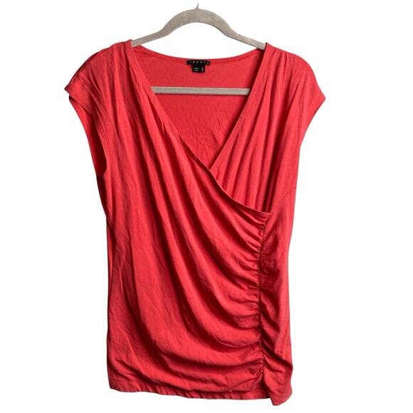 Theory Women's Coral Pink Ruched Cotton V Neck Top Size L Stretchy Draped Basics - Picture 1 of 11